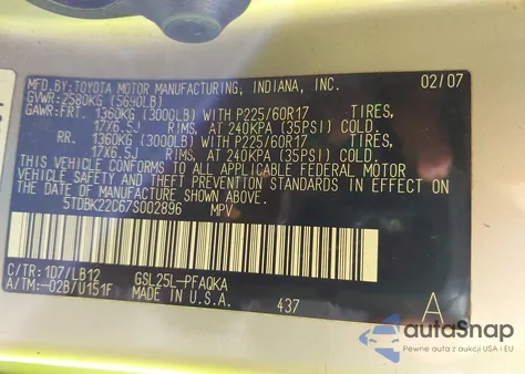 2007 Toyota Sienna Xle Limited из США, поврежденный, VIN 5TDBK22C67S002896